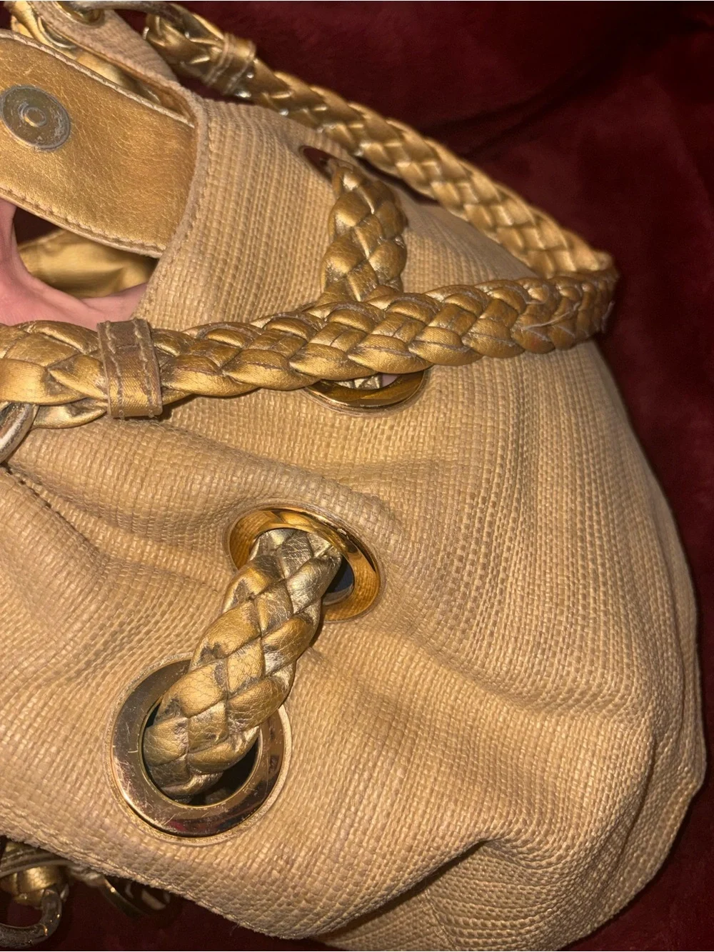Michael Kors Tan Braided Tassel Hobo with Gold-Tone MK Charm- Vintage